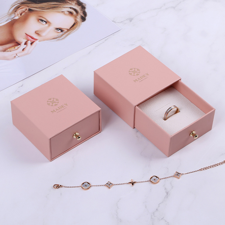 Elegant paper cardboard custom drawer pink cute ring jewelry box for wedding